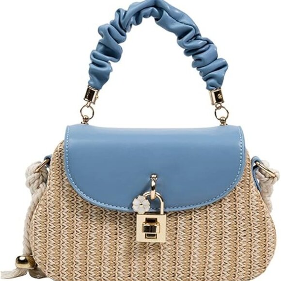 Neiman Marcus Floral Lock Leather Top Handle Small Rattan Purse - Picture 3 of 3